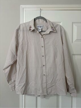 White Stag Embroidered Floral Pinstripe Button-Up Shirt Size 14 Cottagecore